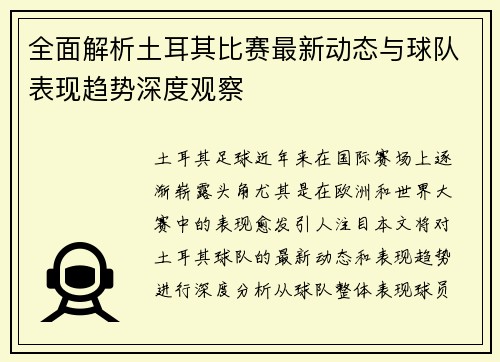 全面解析土耳其比赛最新动态与球队表现趋势深度观察