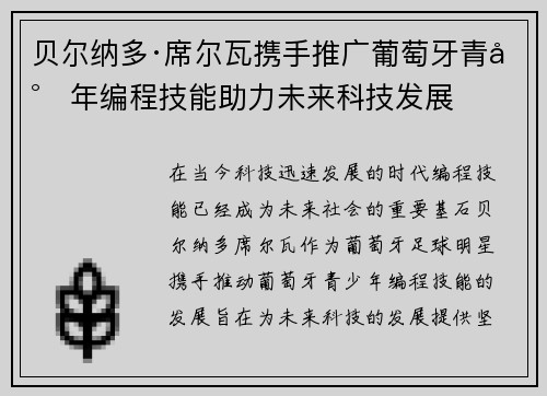 贝尔纳多·席尔瓦携手推广葡萄牙青少年编程技能助力未来科技发展